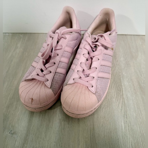 ADIDAS BABY PINK WEAVE SUPERSTAR TRAINERS SIZE 6 GOLD Logo - Picture 2 of 6